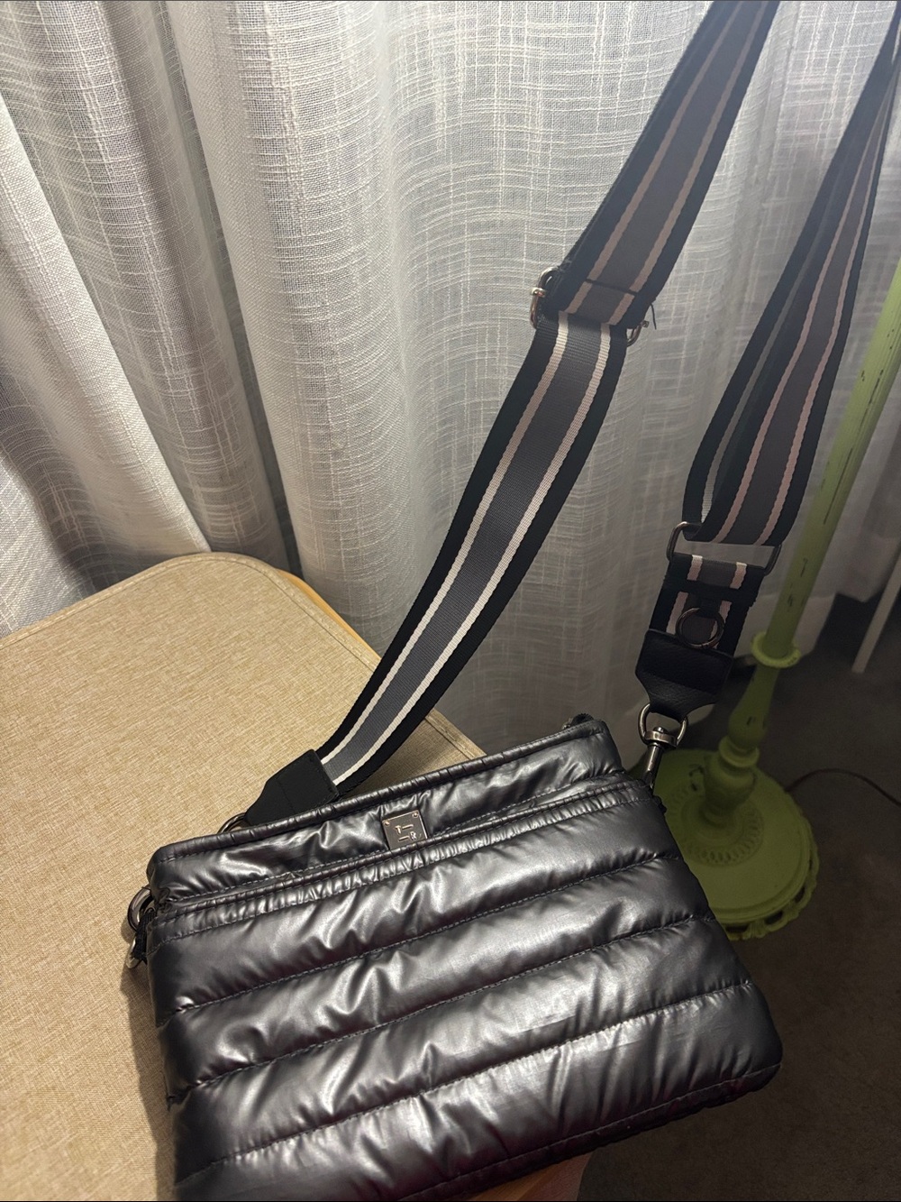 THINK ROYLN Black Quilted Puffer Crossbody with Striped Strap